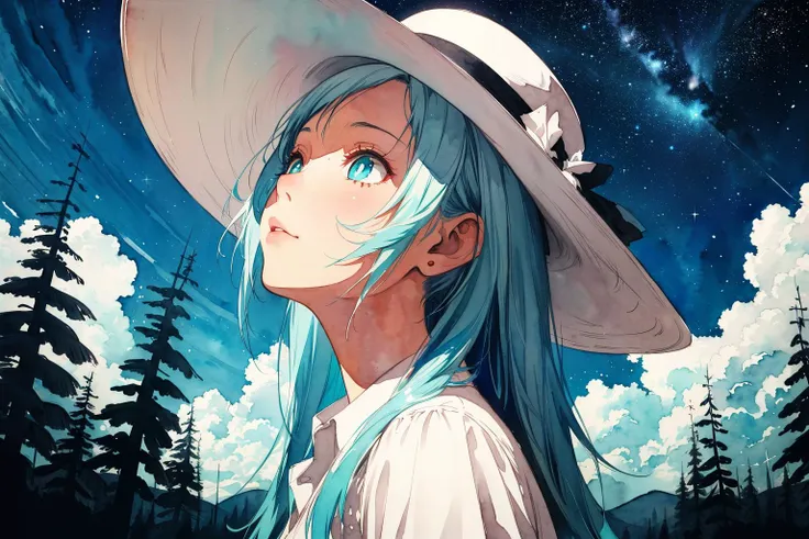 (masterpiece, detailed, best quality), 1girl, ear, aqua eyes, hair, pupils, silver witch hat, cowboy shot, watercolor, sketch, outlines, strokes, depth of field, white balance, volumetric lighting, dramatic lighting, dead pines, stylized horror, clouds, starry sky, looking up, <lora:GoodHands-vanilla:1>,