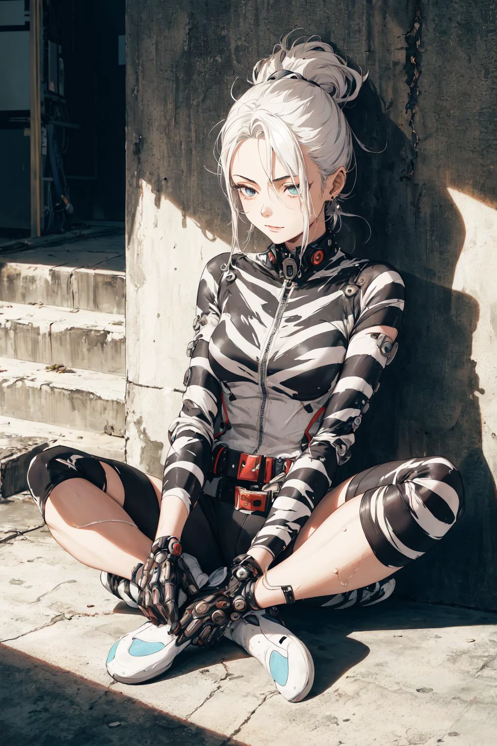 Anime, zebra print city street, Arte Povera, flyweight Burundian (Girl:1.3) , the Girl is very Sturdy and Affectionate, Meditating, the Girl has Anxious eyes, masterpiece, she has Platinum hair, Disruptive Belts, Earring and Mechanical Body Parts, Bathed in shadows
