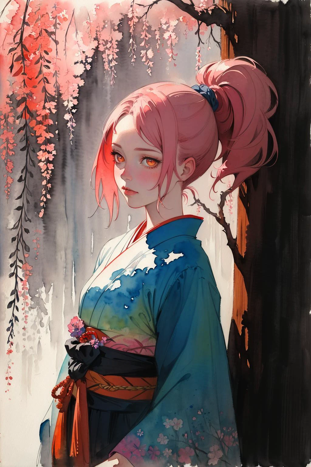 (masterpiece, detailed, best quality), watercolor, brushstrokes, sketch, 1girl, japanese_clothes, detailed orange_eyes, ponytail, pink_hair, cowboy_shot, in a surreal landscape, lighting, shadows, fractal_art, horror_art, by Antonio J. Manzanedo, by Jeremy Lipking, <lora:GoodHands-vanilla:1>,