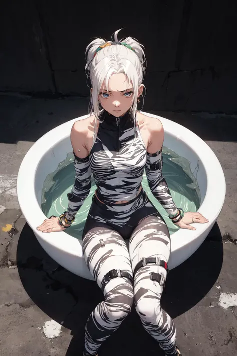 Anime, zebra print city street, Arte Povera, flyweight Burundian (Girl:1.3) , the Girl is very Sturdy and Affectionate, Meditating, the Girl has Anxious eyes, masterpiece, she has Platinum hair, Disruptive Belts, Earring and Mechanical Body Parts, Bathed in shadows