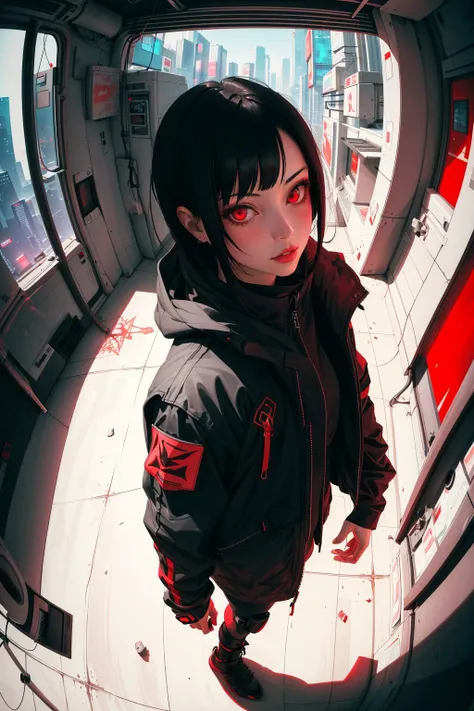 (masterpiece, detailed, best quality), 1girl, parted_lips, red_eyes, black_hair, cowboy_shot, cyberpunk, lighting, shadows, fisheye, horror, realistic, from above, <lora:GoodHands-vanilla:1>,