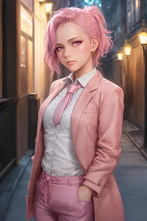 nsfw, (masterpiece), (realistic:1.1), 1girl, best quality, ultra-detailed, closed mouth, messy hair, pink hair, short hair, ponytail, banges, hair over one eye, detailed face, pink eyes, smug, eyelashes, make up, collared shirt, pink pants, pink formal jacket, long sleeves, pink necktie, looking at viewer, standing, (by Antonio J. Manzanedo:by Andrew Atroshenko), street background, night, cinematic, filmic, depth of field, white balance, strobe light, volumetric lighting, dramatic lighting, ray tracing reflections, intricate, elegant