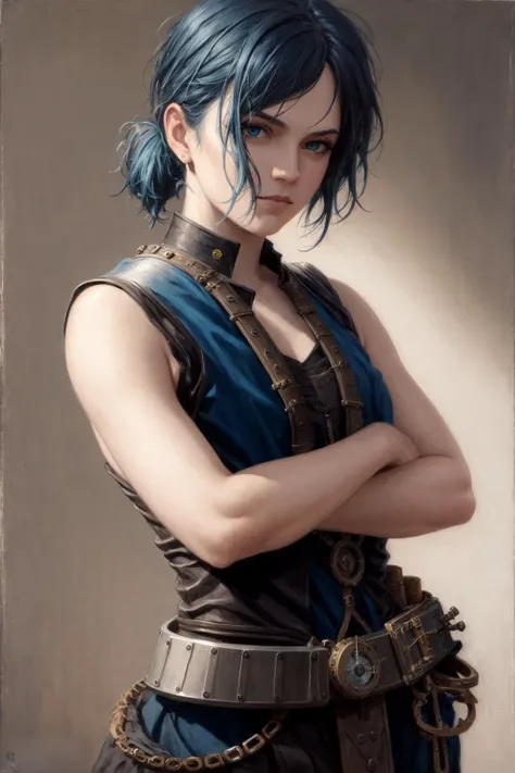 (masterpiece), (photo_\(medium\):1.0), by Antonio J. Manzanedo, by Jeremy Lipking, 1girl, messy hair, blue hair, short hair, ponytail, banges, blue eyes, smug, eyelashes, makeup, standing, upper body, (crossed arms:1.0), steampunk, (sleeveless), perfect hands