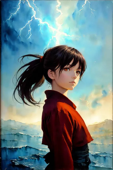 (masterpiece), anime, (photo_\(medium\):1.0), by Antonio J. Manzanedo, by Jeremy Lipking, (1girl), girl kung fu master of lightning, in a surreal landscape, painting style with watercolor, brushstrokes painted on canvas, trendingstation, orange eyes, ponytail, black cube on red water