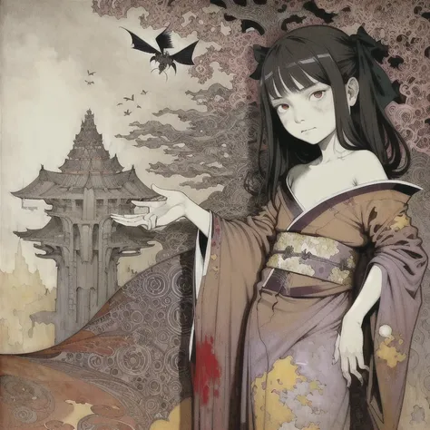 by Gris Grimly, by Jenny Saville, by Alphonse Mucha, oil painting, vivid color, 18 years old [angelic] asian girl wearing a kimono standing on a hill in hell, (underworld), (demons, imps and devils fly in the background), sfw