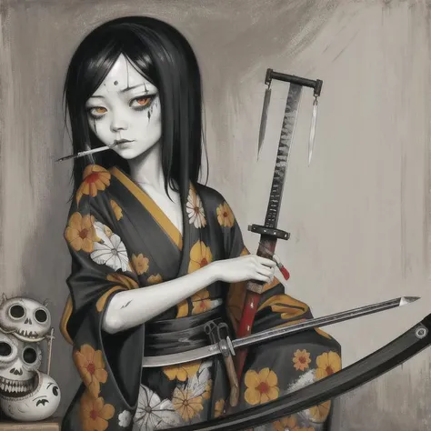 by Gris Grimly, by Jenny Saville, oil painting, vivid color, 18 years old asian girl wearing a kimono,hacksaw, knife, smoking vial, iron tongs, calliper, sundial, sword, mace