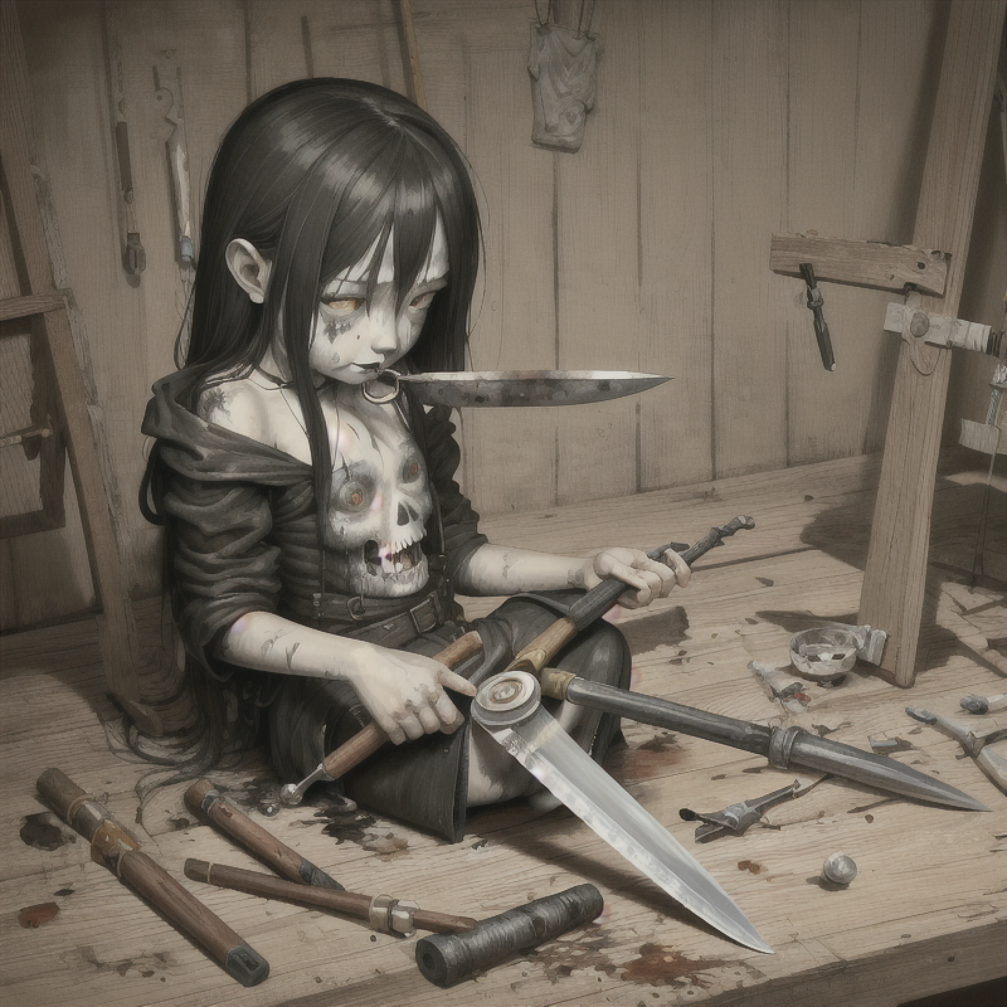 by Gris Grimly, by Jenny Saville, oil painting, 18 years old asian girl,hacksaw, knife, smoking vial, iron tongs, calliper, sundial