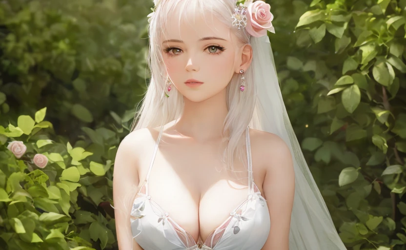 1girl,rose,whiterose,flower,hairflower,solo,hairornament,jewelry,breasts,whiteflower,earrings,upperbody,cleavage,longhair,pinkrose,bareshoulders,mediumbreasts,fingernails,realistic,greybackground