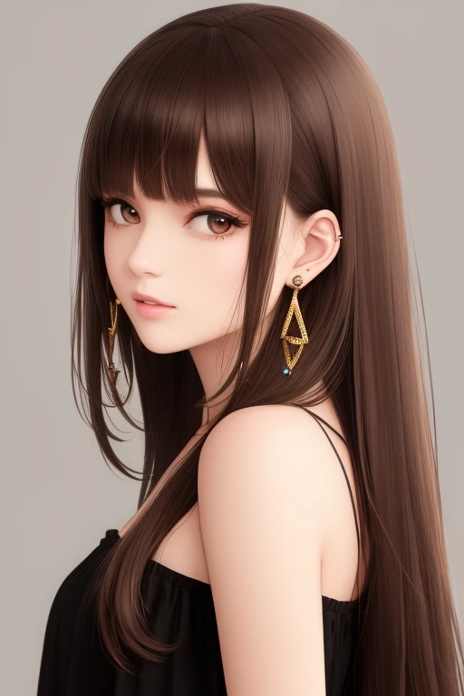 1girl, earrings, jewelry, solo, long hair, upper body, lips, bangs, brown hair, realistic, looking at viewer, bare shoulders