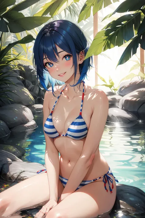 (masterpiece, detailed, best quality), 1girl, auqa eyes, pupils, (erect_nipples:0.7), medium blue hair, striped, bikini, siting, cowboy shot, sitting, hands between legs, looking_aside, smile, parted_lips, onsen, lighting, shadows, <lora:GoodHands-vanilla:1>