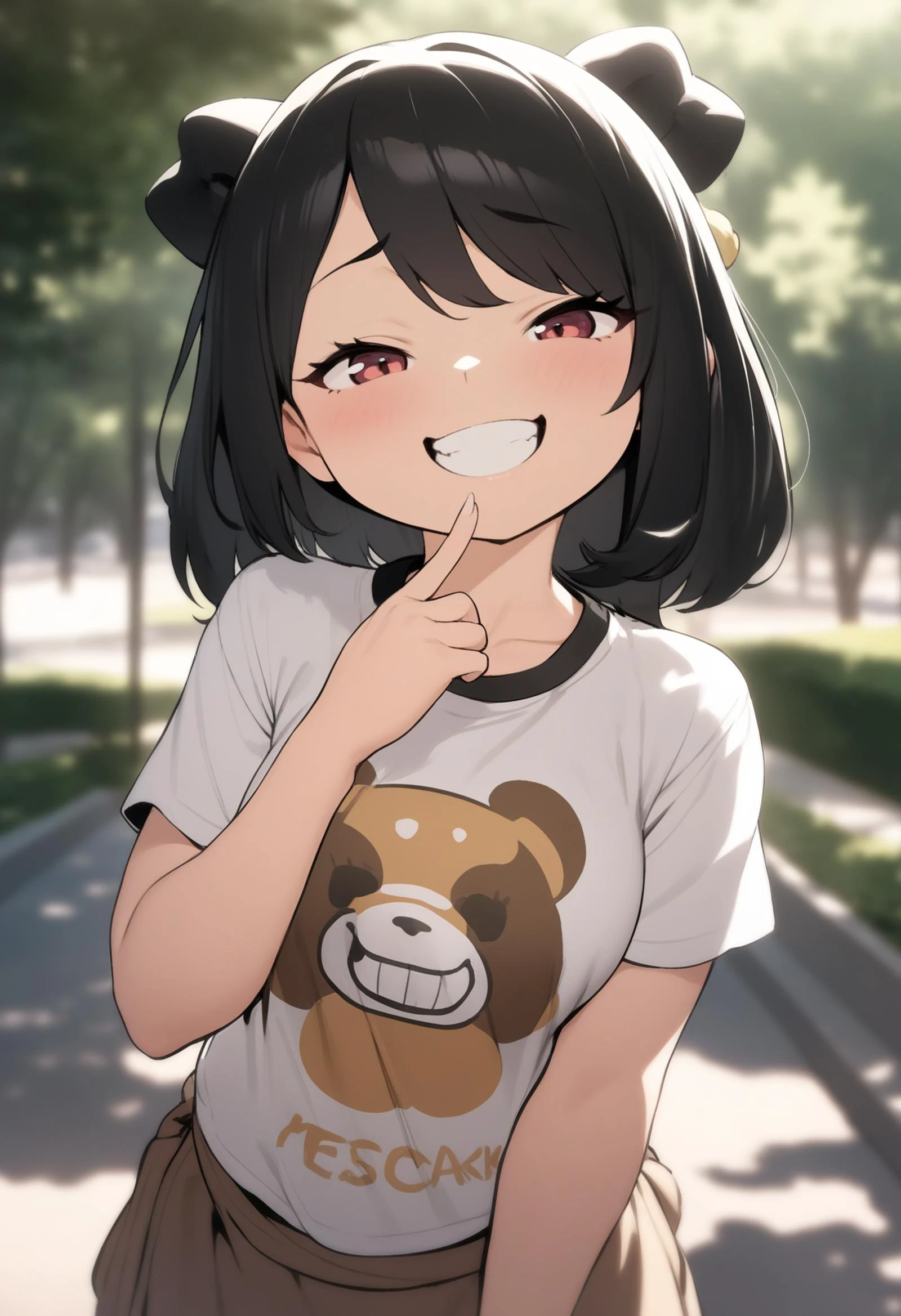 1girl, (23 \(Real Xxiii\):0.5), (waterkuma:0.5), solo, shortstack, <lora:mesugaki_XL_v1:0.9> mesugaki, t-shirt, medium breasts, fingernails, portrait, head tilt, finger to mouth, looking at viewer, smug, grin, outdoors, park, dappled sunlight, perfect lighting, depth of field, blurry background, cinematic, filmic, high budget, (masterpiece), (best quality), (ultra-detailed), very aesthetic, illustration, perfect composition, intricate details, absurdres