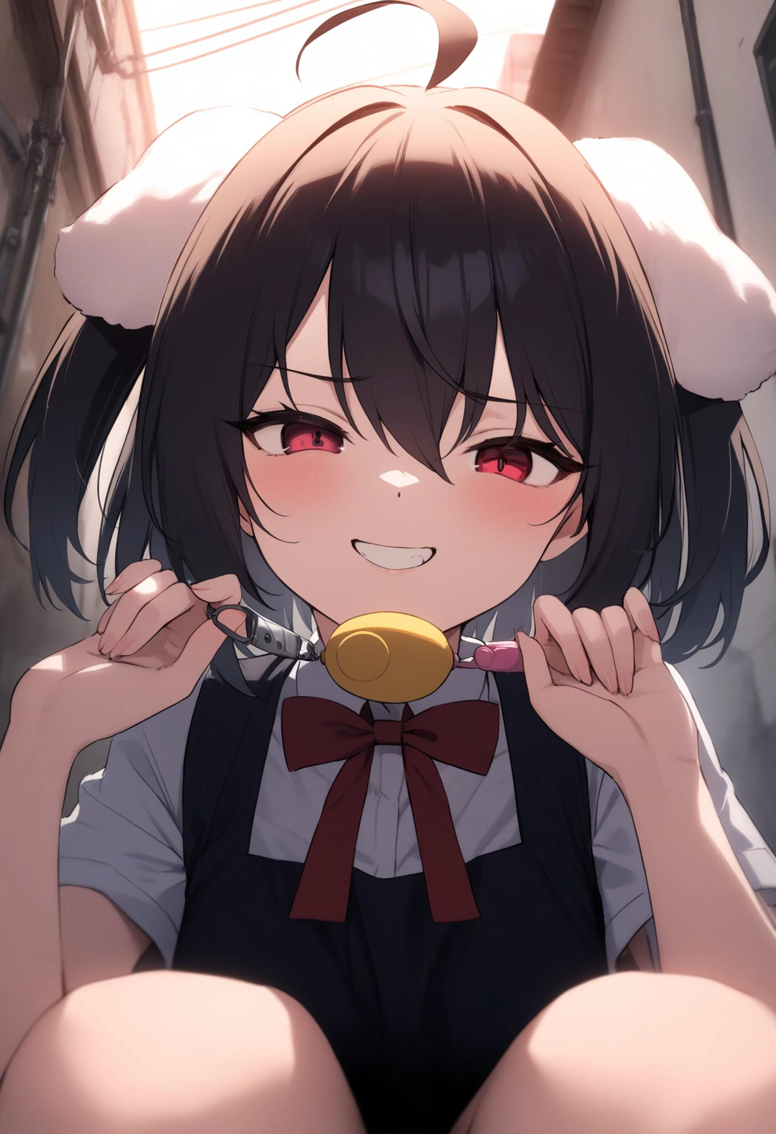 1girl, solo, <lora:mesugaki_XL_v1:0.8> mesugaki, school uniform, randoseru, hands up, holding, <lora:crimepreventionbuzzer_XL_v1:0.8> crime prevention buzzer, portrait, close-up, from below, looking down, looking at viewer, shaded face, evil grin, alley, dramatic lighting, perfect lighting, depth of field, blurry background, cinematic, filmic, high budget, (masterpiece), (best quality), (ultra-detailed), very aesthetic, illustration, perfect composition, intricate details, absurdres