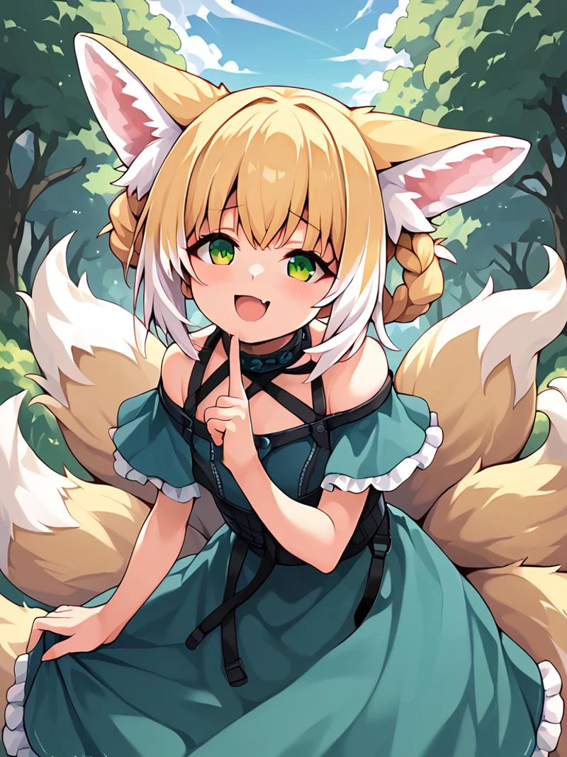 sfw, score_9, score_8_up, score_7_up, score_6_up, score_5_up, score_4_up, source_anime, masterpiece, best quality, looking at viewer, close up <lora:Suzuran_pony:1>, suzuran,animal ears,animal ear fluff,blonde hair,green eyes,tails,multiple tails, princess dress, <lora:mesugaki_Pony_v1:1>, mesugaki, look at viewer, smile, :d, fang, hand up, <lora:hand 4:1>