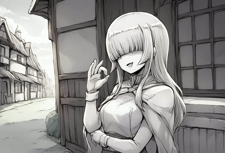 score_9, score_8_up, score_7_up, score_6_up, score_5_up, score_4_up, source_anime, uncensored, <lora:intricate_details:1> intricate_details_xl, outdoors, town, sunlight, face focus, profile, upper body,
<lora:Momo_MCFIEC_v1.0:1> Momo, 1girl, solo, long hair, hair over eyes, (monochrome, greyscale:1.1), looking at viewer, blunt bangs, hime cut, large breasts, covered eyes, collarbone, long bangs, facing viewer, dress, cape, capelet, <lora:mesugaki_Pony_v1:1.0> (mesugaki:1.1), hand up, smug, open mouth, skin fang, (handjob gesture:1.1),