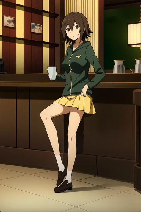 <lora:æåä¹çç1V-000010:0.8>,1girl,æåä¹çç,brown hair,brown eyes,solo,hair between eyes,short hair,
green hoodie,yellow skirt,pleated skirt,strap between breasts,expressionless,
full body, legs,sitting, coffee shop,cup,drinking straw,, Exquisite visuals, high-definition,masterpiece,best quality,