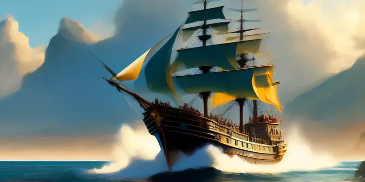 a pirate ship coming into a port on the ocean, art by donato giancola and greg rutkowski, vintage retro, realistic face, digital art, trending on artstation, symmetry!!, volumetric lighting, epic composition, highly detailed, sharp focus, 8 k, unreal engine 5, raytracing, dof, masterpiece, by craig mullins, greg manchess, by bernie f