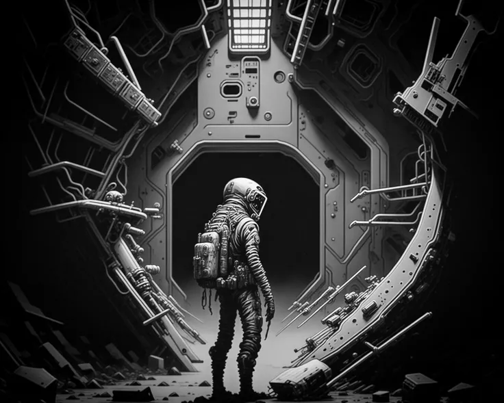 a scavenger lost inside a derelict space station, horror, dread, disturbing, high contrast, intricate, highly detailed, surreal, <lora:johnberkey:0.4> by John Berkey,