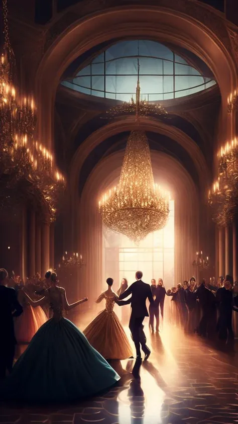 people dancing waltz in a large elegant hall, masterpiece, photorealistic, elegant, highly detailed, 8 k, soft lighting, mid-shot, highly detailed, cinematic wallpaper