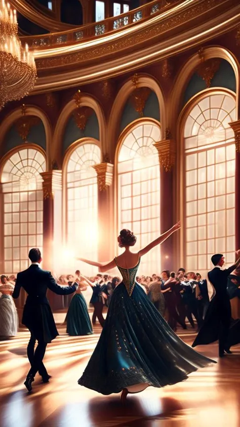 people dancing waltz in a large elegant hall, masterpiece, photorealistic, elegant, highly detailed, 8 k, soft lighting, mid-shot, highly detailed, cinematic wallpaper