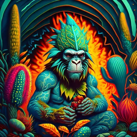 Painting illustration of a sophisticated ape, holding the sacred psychedelic peyote cactus in his hands, Art in the style of (Pablo Amaringo:1.2), Jxcko Visual art, (Ayahuasca art style:1.2), (Psychedelic art:1.2), (fluorescent colors:1.2), (ayahuasca art:1.1), highly ornamental, Nature-inspired motifs ((such as floral or organic patterns)), translucent layers, fantastic realism, organic patterns, (intense bright colors:1.2), (psychedelic painting:1.2), hand painted art, (light_blue:1.2), cyan, orange, (hotpink:1.1), palegreen, red, dark_blue, pink, blue, redorange, (vibrant colors:1.3), (neon colors:1.3), by moebius, by dan mumford, by alex grey, by lisa frank, Psychedelic Vintage