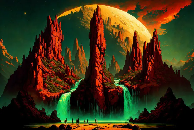((Best quality)), ((masterpiece)), (detailed), (in the style of Apterus), (symmetrical composition:1.2), (vibrant color palette:1.1), (ethereal atmosphere:1.2), surreal landscape with towering rock formations, cascading waterfalls, and floating islands, (dreamlike:0.8), (mystical elements:0.9), (soft lighting:0.9), (wide-angle shot:1.1), camera angle: capturing the majestic landscape from a low angle, emphasizing the grandeur and scale