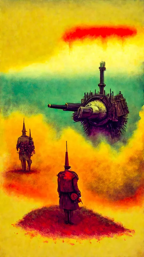 <lyco:ShaunTan:0.8> A nightmare in the style of Shaun Tan, A depiction of (The Battle of Verdun),(No man s land,French 75mm gun,Fog of war), verticality, ((Tense,anxious,dramatic,suspenseful:0.99),(Frame within a Frame,depth,context,Metallic,reflective,hard,industrial,Ambient Light,natural,environment,mood:0.75),(Chiptune style,retro,music visualization,8-bit:0.99):0.75), drybrush, glazing, oil on canvas