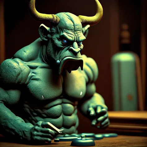claymation sculpture, highly detailed photograph of, minotaur machinist , highly detailed diorama, realistic materials, felt lips, (dark_yellow:1.1), sharp focus, 85mm lens, f1.8 aperture, laika studios, (darkcyan:1.1), cinematic lighting, 4k, (light_white:1.2), symmetrical eyes, intricately detailed, extremely detailed, uhd, octane render, cinematic, highly detailed sculpted diorama, (lightteal:1.0),