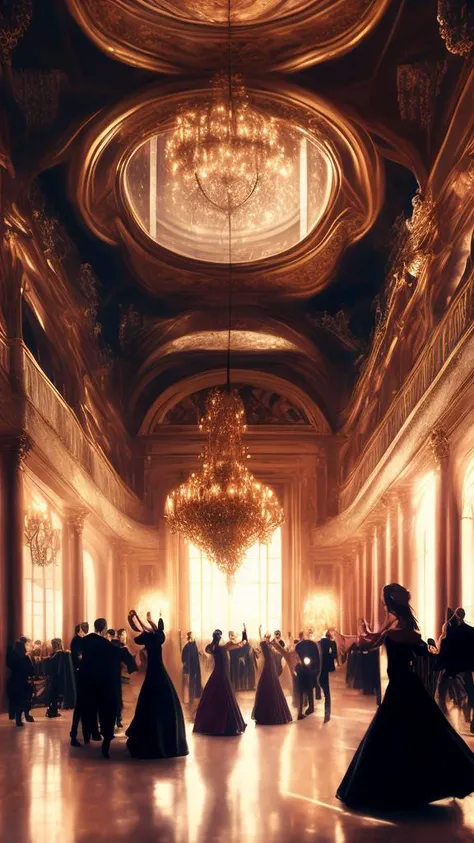 people dancing waltz in a large elegant hall, masterpiece, photorealistic, elegant, highly detailed, 8 k, soft lighting, mid-shot, highly detailed, cinematic wallpaper