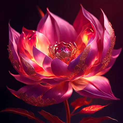 masterpiece , best quality , (pink flower:1.1) , (intricate details:1.2) , ultra details , photorealistic , cinematic , dynamic light , soft gold light , (glow with reflections and refractions lighting:1.2) , diamond reflection effect , <lora:theovercomer8sContrastFix_sd21768:0.75> , (red leaf on fire:1.3)