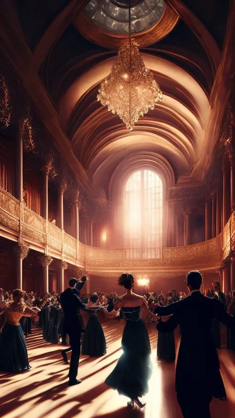 people dancing waltz in a large elegant hall, masterpiece, photorealistic, elegant, highly detailed, 8 k, soft lighting, mid-shot, highly detailed, cinematic wallpaper