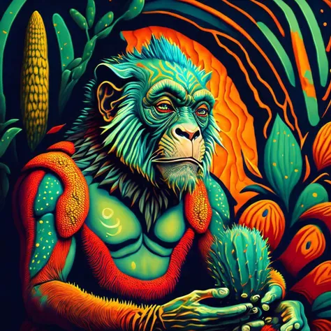 Painting illustration of a sophisticated ape, holding the sacred psychedelic peyote cactus in his hands, Art in the style of (Pablo Amaringo:1.2), Jxcko Visual art, (Ayahuasca art style:1.2), (Psychedelic art:1.2), (fluorescent colors:1.2), (ayahuasca art:1.1), highly ornamental, Nature-inspired motifs ((such as floral or organic patterns)), translucent layers, fantastic realism, organic patterns, (intense bright colors:1.2), (psychedelic painting:1.2), hand painted art, light_blue, cyan, orange, hotpink, palegreen, red, dark_blue