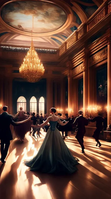 people dancing waltz in a large elegant hall, masterpiece, photorealistic, elegant, highly detailed, 8 k, soft lighting, mid-shot, highly detailed, cinematic wallpaper