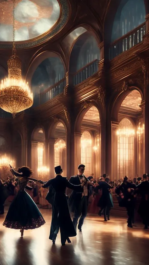 people dancing waltz in a large elegant hall, masterpiece, photorealistic, elegant, highly detailed, 8 k, soft lighting, mid-shot, highly detailed, cinematic wallpaper