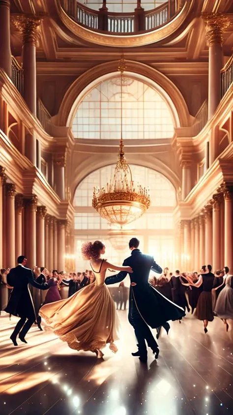 people dancing waltz in a large elegant hall, masterpiece, photorealistic, elegant, highly detailed, 8 k, soft lighting, mid-shot, highly detailed, cinematic wallpaper