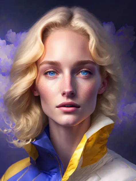 nearest photo, woman, wide face, (triangle face:1.2), (conformist jacket:1.2), blonde hair, cloud hair, (backlight photo:1.2), Nikon Z9, Award - winning photograph, (perfectly round iris:1.3), epic realistic, hyperdetailed, (cycles render:1.3), caustics, (glossy:0.58), (artstation:0.82), (baroque:1.2)