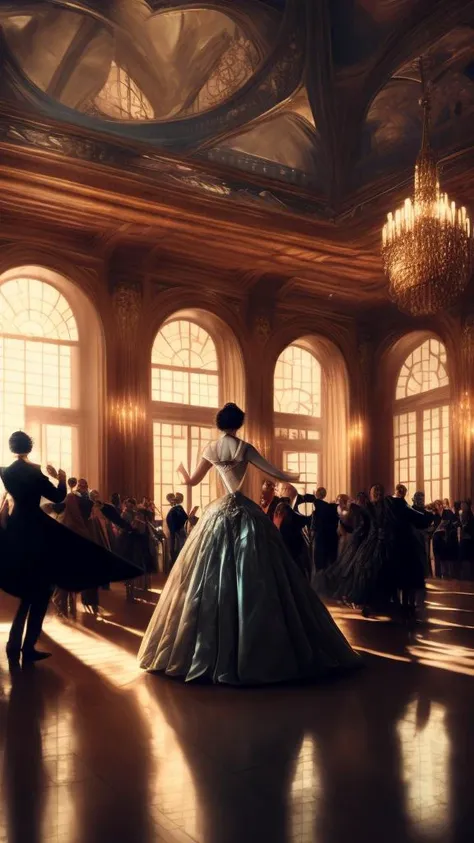 people dancing waltz in a large elegant hall, masterpiece, photorealistic, elegant, highly detailed, 8 k, soft lighting, mid-shot, highly detailed, cinematic wallpaper