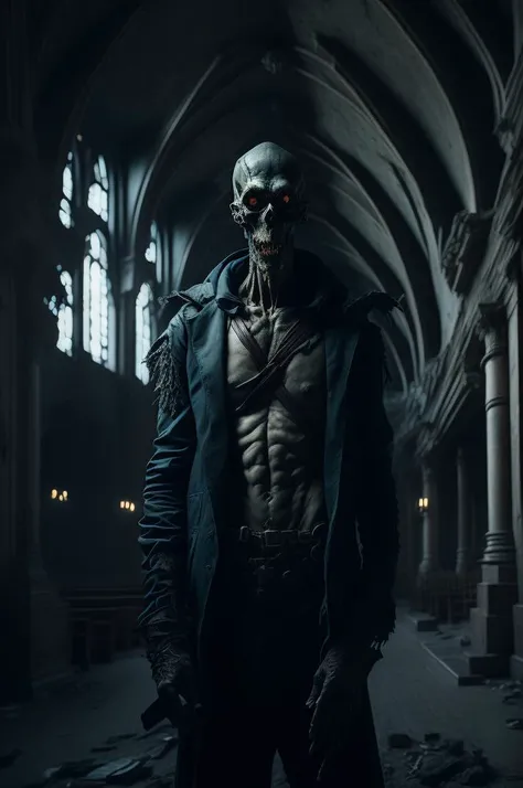 a fearfull Zombie standing in Catholic church, scythe of darkness in background, looking at the camera, scary, creepy, high key