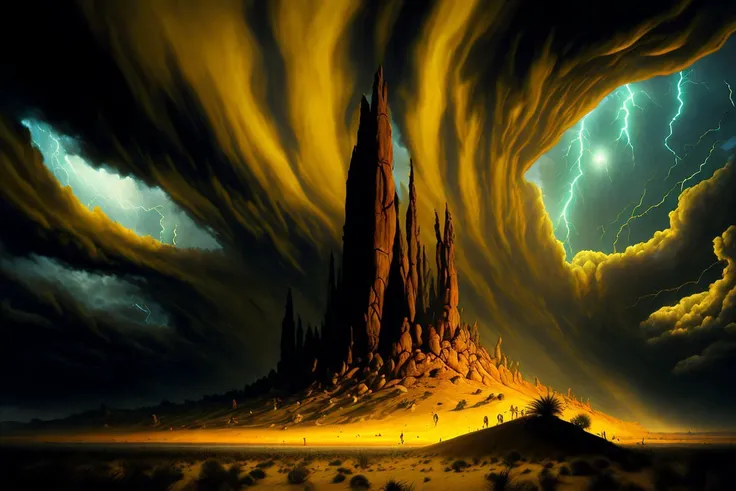 (Best quality:1.2) (Masterpiece:1.3) Detailed depiction of a whimsical stormy desert landscape in the style of Apterus. Focus on the interplay of light and shadow, showcasing the dramatic contrast between illuminated sand dunes and dark storm clouds. Include fantastical elements like swirling dust devils, surreal cacti, and ethereal rays of light. Capture the scene from a high-angle shot to convey a sense of vastness and awe-inspiring beauty.