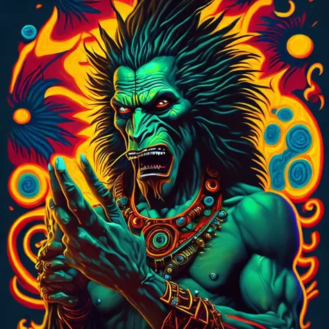 Painting illustration of a inspirational werewolf, holding the sacred psychedelic peyote cactus in his hands, Art in the style of (Pablo Amaringo:1.2), (Jxcko Visual art:1.2), (Ayahuasca art style:1.2), (Psychedelic art:1.2), (fluorescent colors:1.3), (ayahuasca art:1.1), highly ornamental, Nature-inspired motifs (floral and organic patterns:1.2), translucent layers, fantastic realism, (organic patterns:1.1), (intense bright colors:1.1), (psychedelic painting:1.2), hand painted art