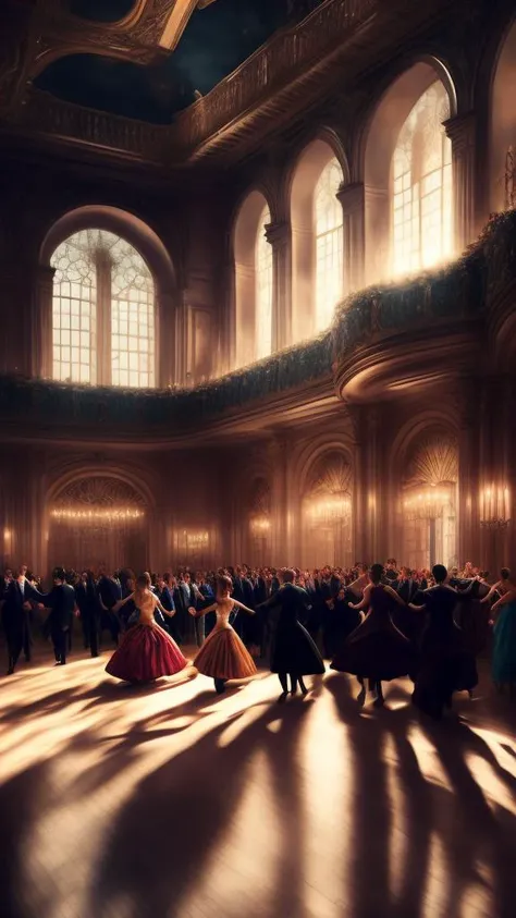 people dancing waltz in a large elegant hall, masterpiece, photorealistic, elegant, highly detailed, 8 k, soft lighting, mid-shot, highly detailed, cinematic wallpaper