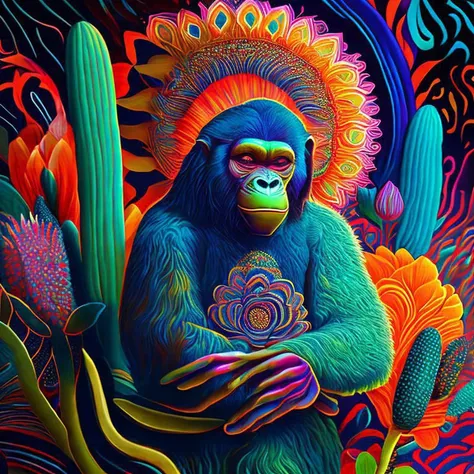 Painting illustration of a sophisticated ape, holding the sacred psychedelic peyote cactus in his hands, Art in the style of Pablo Amaringo, Jxcko Visual art, Ayahuasca art style, Psychedelic art, flourescent colors, ayahuasca art, highly ornamental, Nature-inspired motifs ((such as floral or organic patterns)), translucent layers, fantastic realism, organic patterns, intense bright colors, 1:1 Aspect Ratio, Hires fix, psychedelic painting, hand painted art