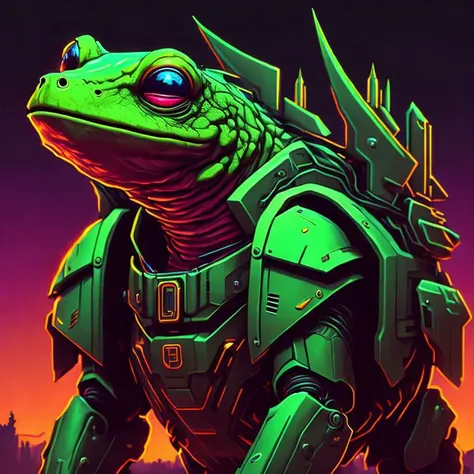 retrowave, auroracore, futurewave, synthwave, weirdcore aurora (centaur:1.1) (mecha:1.1) and some frog