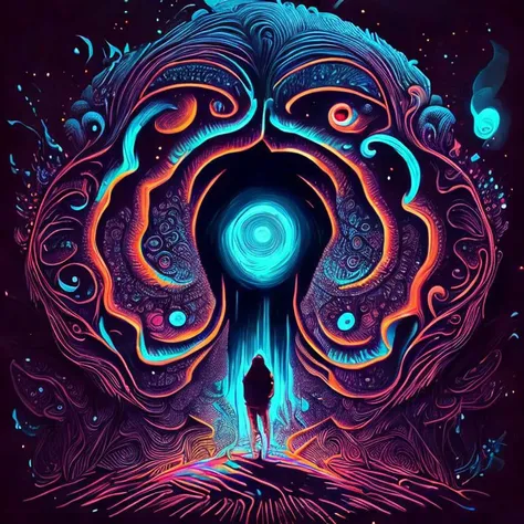 Hypnotic illustration of object, hypnotic psychedelic art by Dan Mumford, pop surrealism, dark glow neon paint, mystical, Behance