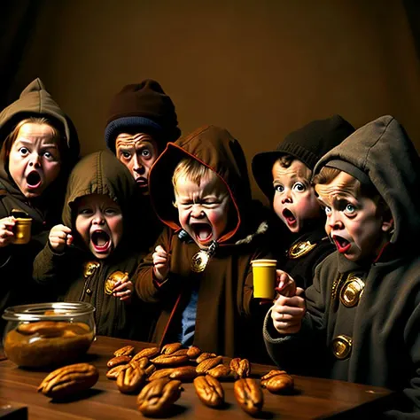 A group of secret society morons who think they can invent licenses on the internet like children, wearing hoods like cringelord edgelords. dark, high contrast, shadowy illuminati peanut butter enthusiasts, licking nuts, nut lickers, holding jars of peanut butter, standing in a circle, dumb look on their faces, get a lawyer idiots, crying babies, pecans, nuts