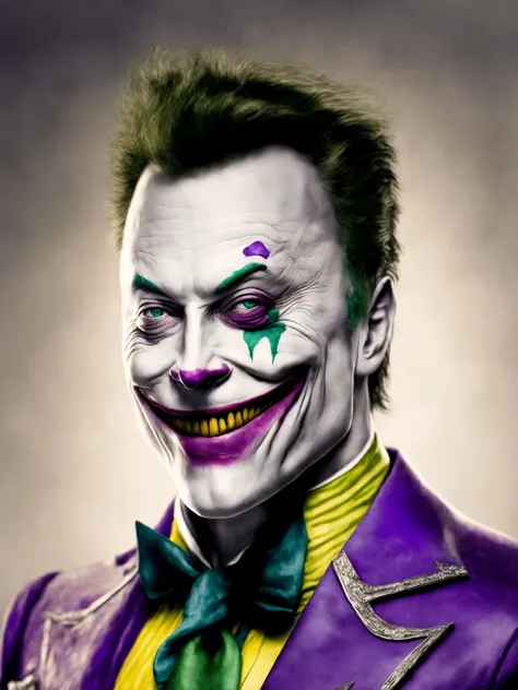 elon musk as (the joker), skindentation, bright realistic eyes and a huge maniacal grin, (perfect photo-realistic face), masterpiece, studio lighting