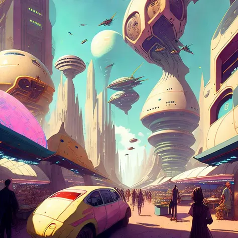 A bustling futuristic cityscape with floating skyscrapers and hovercars zooming between them. In the center of the city is a massive outdoor marketplace, filled with colorful stalls selling a wide variety of bizarre alien goods. The overall tone is lighthearted and whimsical, by Justin Maller