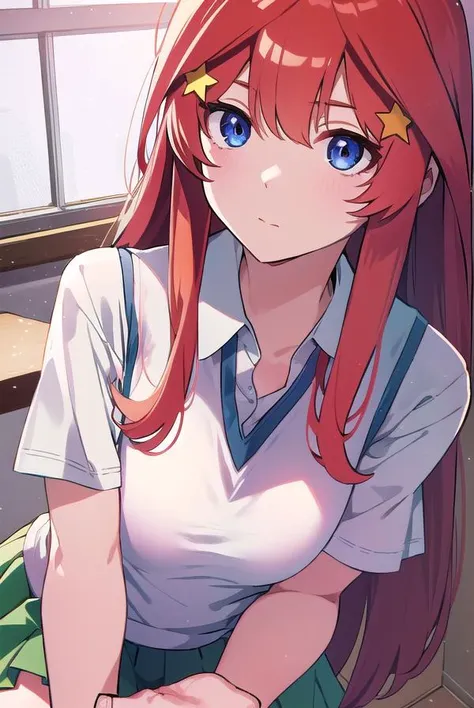 itsukinakano, <lyco:itsukinakano-LYCORIStest:1>, itsuki nakano, bangs, blue eyes, hair between eyes, ahoge, red hair, star \(symbol\), hair ornament, star hair ornament,
BREAK skirt, shirt, school uniform, collarbone, white shirt, short sleeves, pleated skirt, socks, collared shirt, miniskirt, kneehighs, white socks, green skirt, sweater vest, red sweater vest,
BREAK indoors, school, classroom,
BREAK looking at viewer, BREAK <lora:GoodHands-vanilla:1>, (masterpiece:1.2), best quality, high resolution, unity 8k wallpaper, (illustration:0.8), (beautiful detailed eyes:1.6), extremely detailed face, perfect lighting, extremely detailed CG, (perfect hands, perfect anatomy),