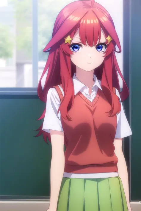 itsukinakano, <lyco:itsukinakanospecial-lyco-nochekaiser:1>, 
itsuki nakano, bangs, blue eyes, hair between eyes, ahoge, red hair, star \(symbol\), hair ornament, star hair ornament,
BREAK skirt, shirt, school uniform, collarbone, white shirt, short sleeves, pleated skirt, socks, collared shirt, miniskirt, kneehighs, white socks, (green skirt:1.5), sweater vest, (red sweater vest:1.5),
BREAK indoors, classroom,
BREAK looking at viewer, (cowboy shot:1.5),
BREAK <lyco:GoodHands-beta2:1>, (masterpiece:1.2), best quality, high resolution, unity 8k wallpaper, (illustration:0.8), (beautiful detailed eyes:1.6), extremely detailed face, perfect lighting, extremely detailed CG, (perfect hands, perfect anatomy),