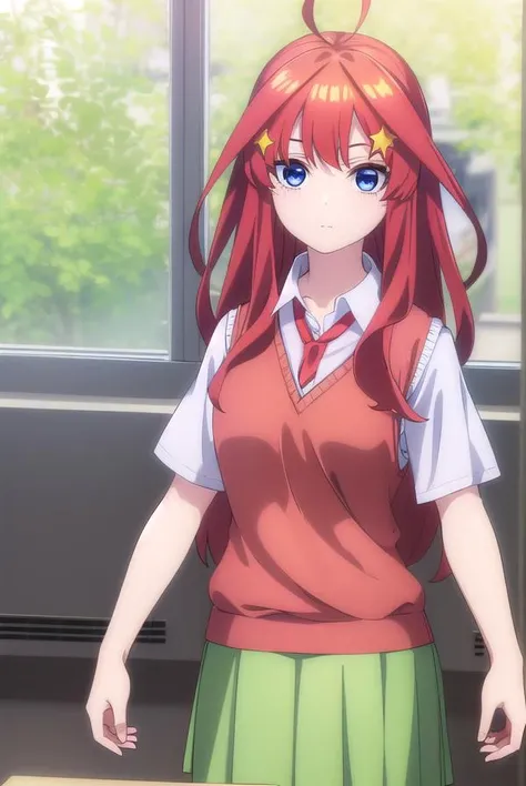 itsukinakano, <lyco:itsukinakanospecial-lyco-nochekaiser:1>, 
itsuki nakano, bangs, blue eyes, hair between eyes, ahoge, red hair, star \(symbol\), hair ornament, star hair ornament,
BREAK skirt, shirt, school uniform, collarbone, white shirt, short sleeves, pleated skirt, socks, collared shirt, miniskirt, kneehighs, white socks, (green skirt:1.5), sweater vest, (red sweater vest:1.5),
BREAK indoors, classroom,
BREAK looking at viewer, (cowboy shot:1.5),
BREAK <lyco:GoodHands-beta2:1>, (masterpiece:1.2), best quality, high resolution, unity 8k wallpaper, (illustration:0.8), (beautiful detailed eyes:1.6), extremely detailed face, perfect lighting, extremely detailed CG, (perfect hands, perfect anatomy),