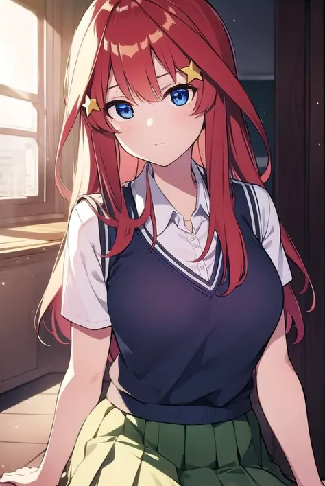 itsukinakano, <lyco:itsukinakano-LYCORIStest:1>, itsuki nakano, bangs, blue eyes, hair between eyes, ahoge, red hair, star \(symbol\), hair ornament, star hair ornament,
BREAK skirt, shirt, school uniform, collarbone, white shirt, short sleeves, pleated skirt, socks, collared shirt, miniskirt, kneehighs, white socks, green skirt, sweater vest, red sweater vest,
BREAK indoors, school, classroom,
BREAK looking at viewer, BREAK <lora:GoodHands-vanilla:1>, (masterpiece:1.2), best quality, high resolution, unity 8k wallpaper, (illustration:0.8), (beautiful detailed eyes:1.6), extremely detailed face, perfect lighting, extremely detailed CG, (perfect hands, perfect anatomy),